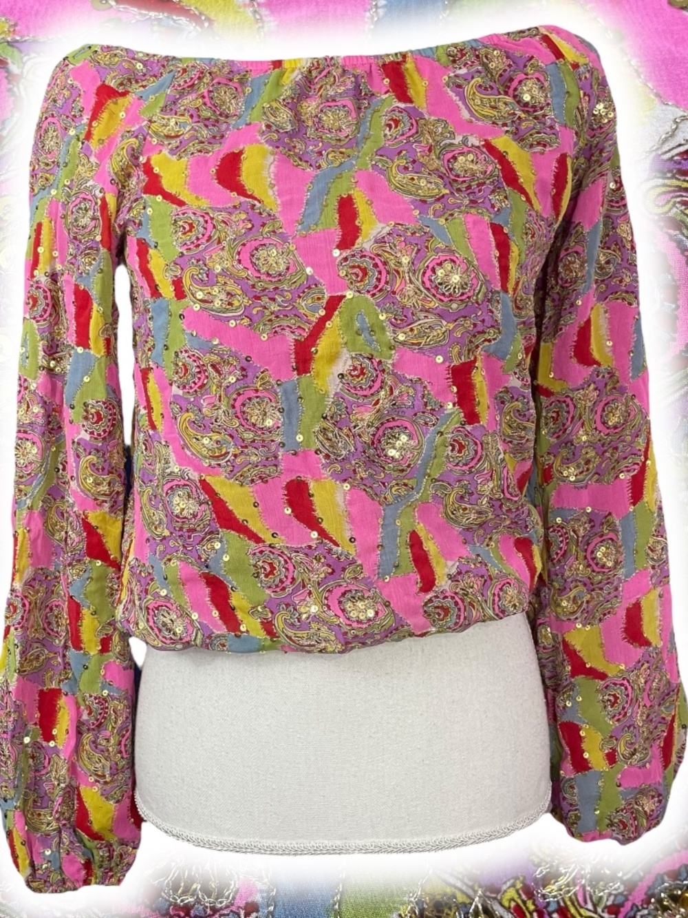 100% Silk Sequin Top S Embroidered Rainbow Off-Shoulder Balloon Sleeve Crepe
